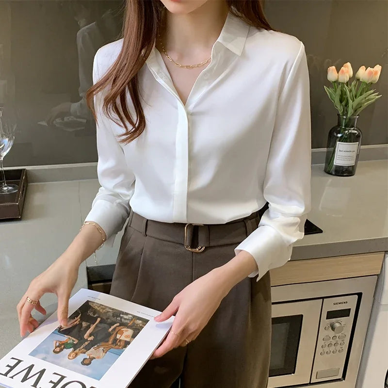 Satin Women Shirt Korean Reviews Many Clothes Solid Button Shirts and Blouses Fashion Long Sleeve Woman Blouse 2023 Womens Tops