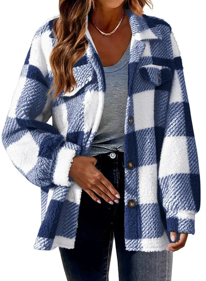 2023 Autumn and Winter Women's New Fashion Loose Casual Pocket Plaid Lamb Fleece Jacket Button Plush Comfortable Versatile Coat