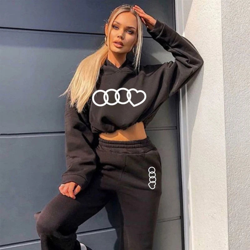 Women Hooded Sweatshirt Drawstring Short Top+Sports Pants 2-Piece Set 2023 New Autumn Winter Fashion Casual Gym Tracksuit Outfit