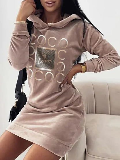 Women Long Sweater Dresses LOVE Print Hooded Loose High Collar Sweatshirts Long Sleeve Pullover Fall Winter Y2K Street Style Top