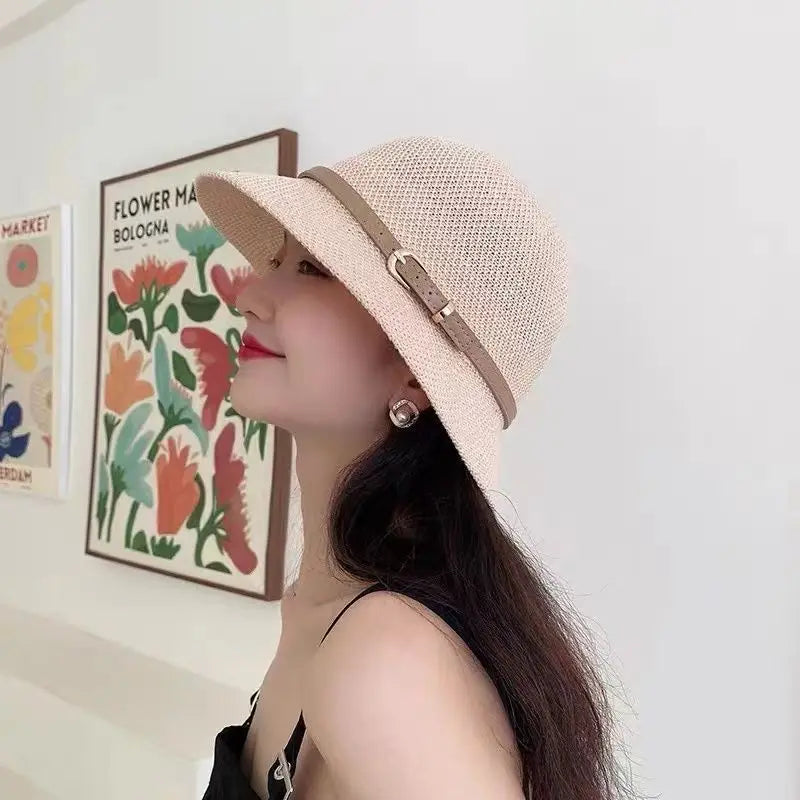 New Women's Sun Hat Simple Linen Breathable Refreshing Hat Summer Travel Sunscreen Sun Ribbon Decoration Foldable Straw Hat Gift