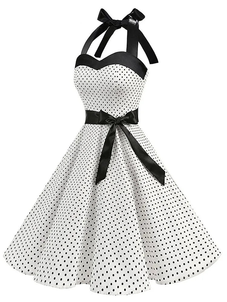 Women Polka Dot Print Summer Dress Sexy Retro White Halter Vintage Dress Robe Femme Pin Up Rockabilly Party Dress