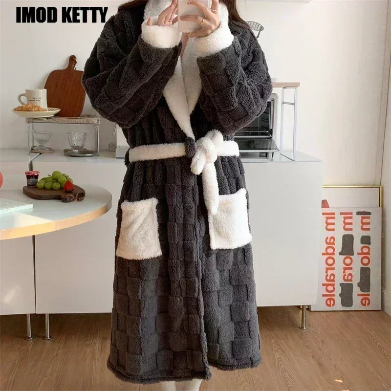 Soft Comfortable Pyjamas Women Autumn Winter Night Robe Coral Velvet Nightgown Plus Thick Bathrobe Flannel Nightdress Home Wear