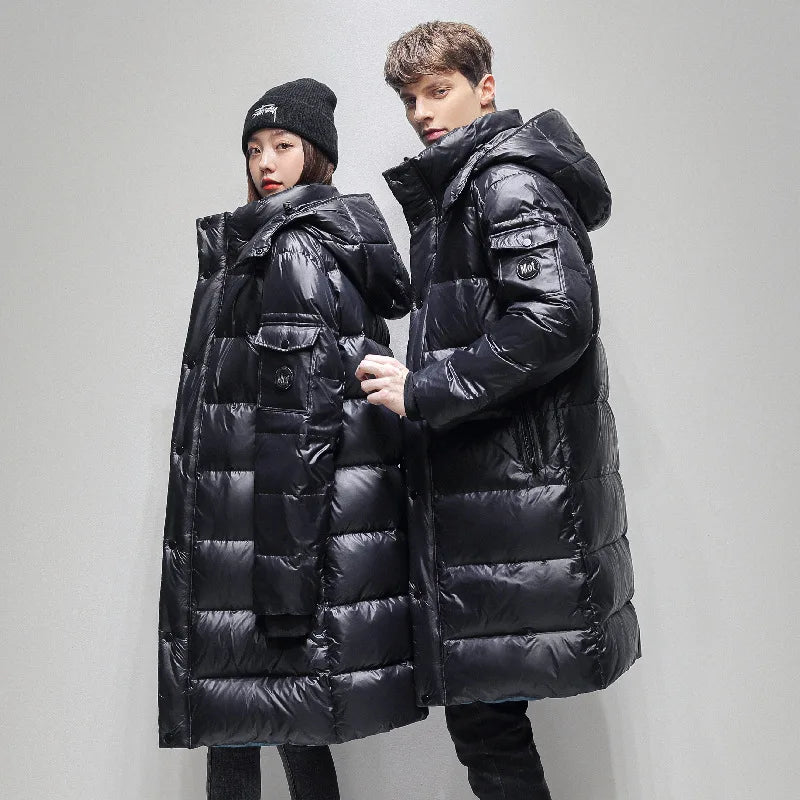 Men's Women Thick （Winter) Warm X-Long Jacket  90% White Duck Down Fashion Hooded Cold Resistant Parker Brand Red Winter Coat