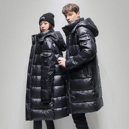 Men's Women Thick （Winter) Warm X-Long Jacket  90% White Duck Down Fashion Hooded Cold Resistant Parker Brand Red Winter Coat