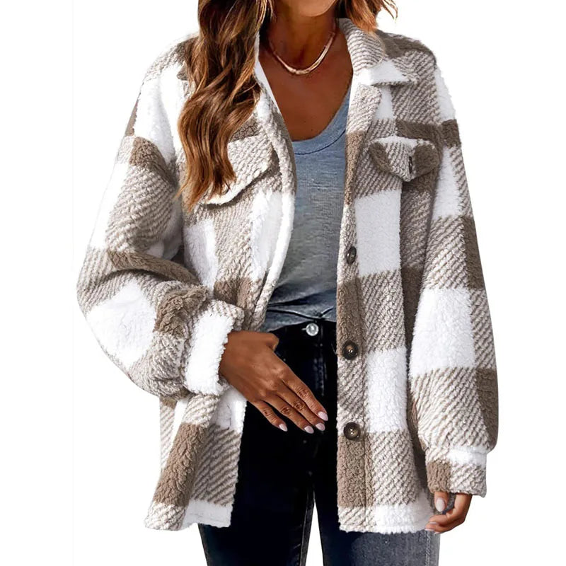 2023 Autumn and Winter Women's New Fashion Loose Casual Pocket Plaid Lamb Fleece Jacket Button Plush Comfortable Versatile Coat