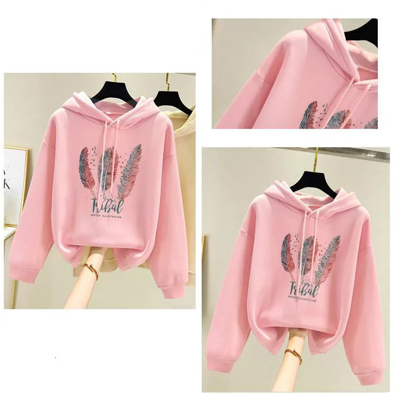 Women Fashion Feather Printed Hoodies Autumn Winter Plus Velvet Casual Loose Sweatshirt