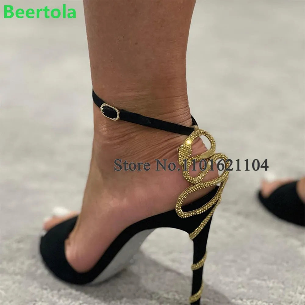 Black Back Snake Design Luxury Sandals For Female Women 2023 New Arrivals Thin High Heel Ankle Buckle Strap Fashion Elegant Shoe