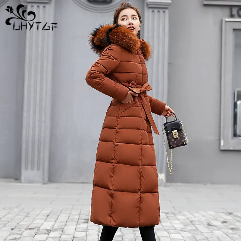 UHYTGF 2023 Winter Jacket Women's Warm Parkas Fashion Bow Belt Fox Fur Collar Long Coat Women's Oversize Vintage Thick Coat 1050