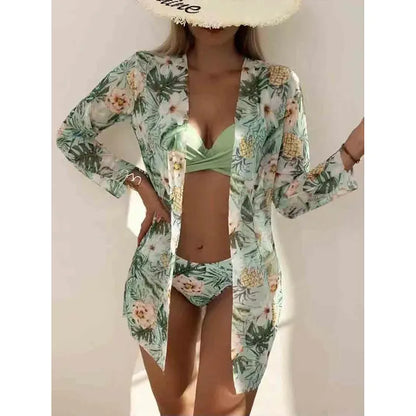 Floral Low Waist Bikini Set Cover Up Swimsuit For Women Push Up Long Sleeve Three Pieces Swimwear Beach Bathing Suits