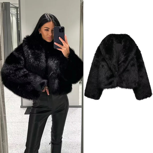 TRAF Black Faux Fur Coat for Women Autumn Winter Plush Wool Coats Black Wool & Blends Coats Outerwears Long Sleeve Warm Fur Coat