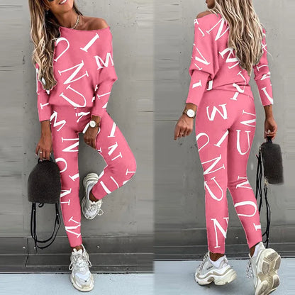 Spring New Style of Europe and the United States Women's Letters Printed Long-sleeved Trousers Casual Suit