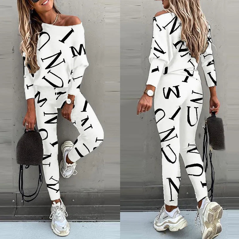 Spring New Style of Europe and the United States Women's Letters Printed Long-sleeved Trousers Casual Suit