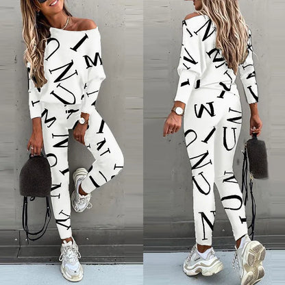 Spring New Style of Europe and the United States Women's Letters Printed Long-sleeved Trousers Casual Suit