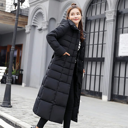 UHYTGF 2023 Winter Jacket Women's Warm Parkas Fashion Bow Belt Fox Fur Collar Long Coat Women's Oversize Vintage Thick Coat 1050