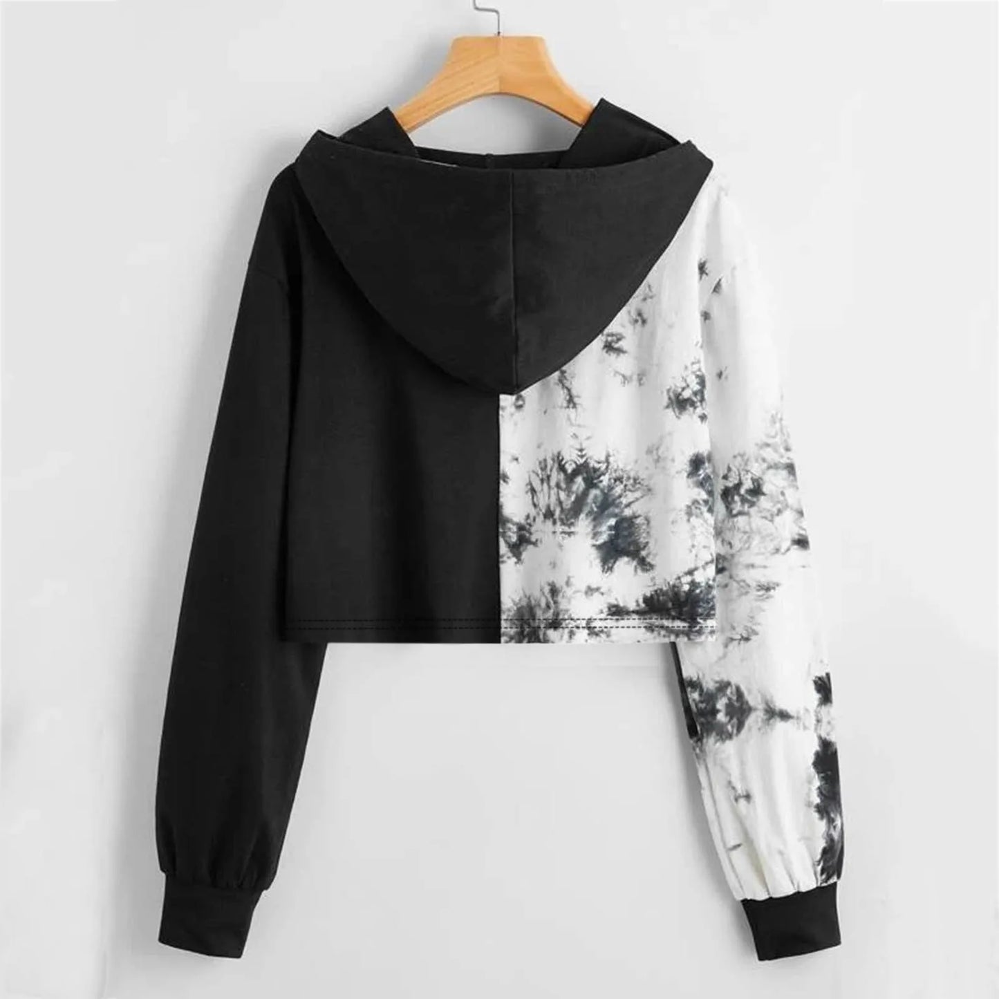 Black White Tie Dye Print Women Hoodies Streetwear Korean Teen Girls Crop Top Pullover Blouse Harajuku Clothes Jackets Sudaderas