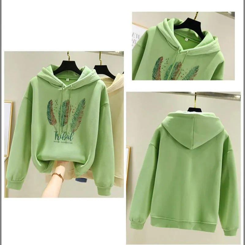 Women Fashion Feather Printed Hoodies Autumn Winter Plus Velvet Casual Loose Sweatshirt