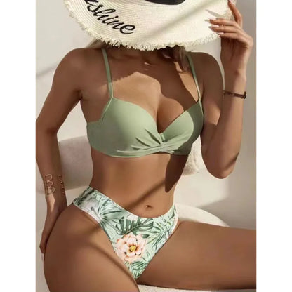 Floral Low Waist Bikini Set Cover Up Swimsuit For Women Push Up Long Sleeve Three Pieces Swimwear Beach Bathing Suits