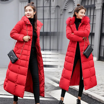 UHYTGF 2023 Winter Jacket Women's Warm Parkas Fashion Bow Belt Fox Fur Collar Long Coat Women's Oversize Vintage Thick Coat 1050