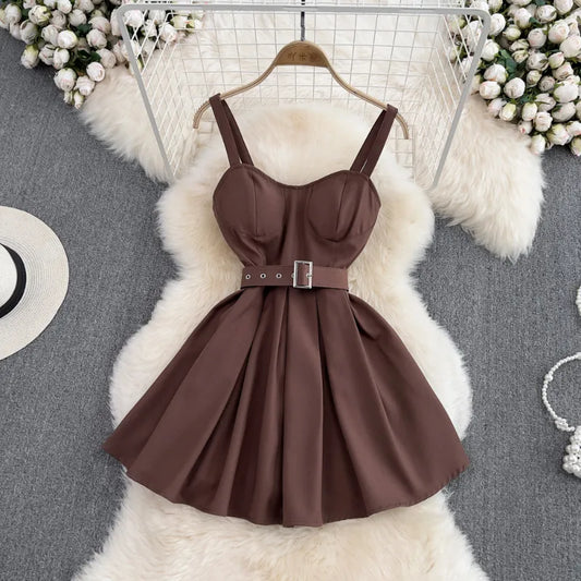 American Retro Women Dress Sexy A-Line Solid Belt Mini Spaghetti Strap V-Neck Club Party Elegant Chic Slip Dresses for 18-24Y