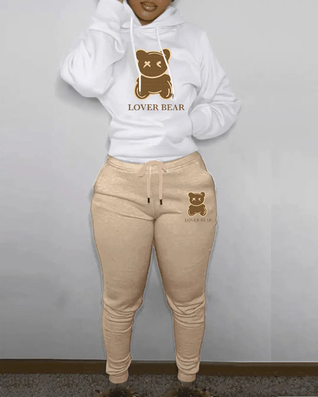 NSANGU Bear Letter Print Kangaroo Pocket Tracksuit Set Long Sleeve Hoodie+Drawstring Trousers Women Two Pieces Matching Suits