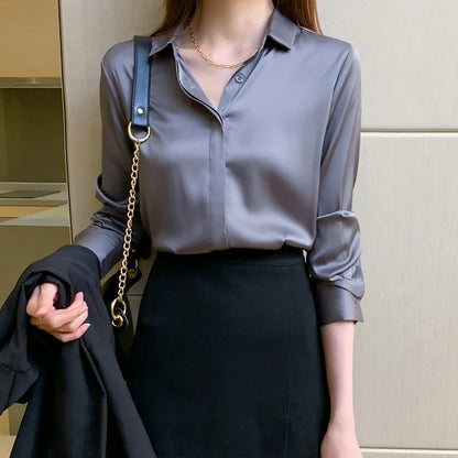 Satin Women Shirt Korean Reviews Many Clothes Solid Button Shirts and Blouses Fashion Long Sleeve Woman Blouse 2023 Womens Tops