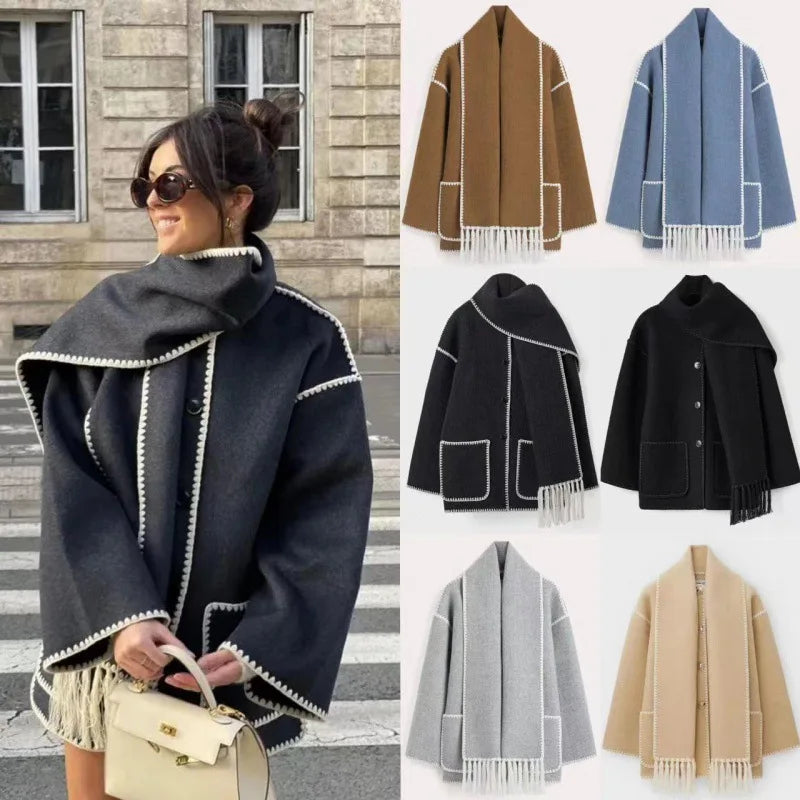 Women Splice Cashmere Coat With Scarf Chic Long Sleeve Solid Quilted Thick Jacket Loose 2024 Autumn Winter Warm Streetwear