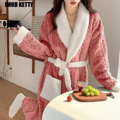 Soft Comfortable Pyjamas Women Autumn Winter Night Robe Coral Velvet Nightgown Plus Thick Bathrobe Flannel Nightdress Home Wear