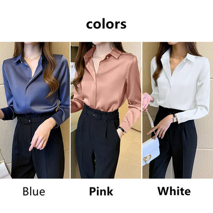 Silk Shirts Women White Shirt Women Long Sleeve Shirts Blouse Satin Silk Blouse Ladies Tops 2023 Fashion Solid Woman Clothing