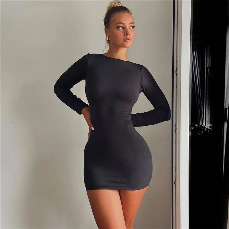 Cryptographic Autumn Fashion Sexy Open Back Solid Slinky Mini Dress Club Party Outfits Long Sleeve Round Neck Bodycon Dresses