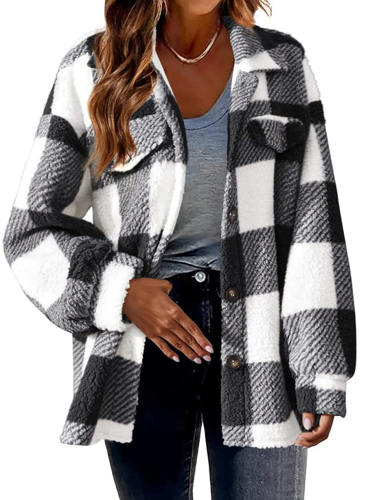 2023 Autumn and Winter Women's New Fashion Loose Casual Pocket Plaid Lamb Fleece Jacket Button Plush Comfortable Versatile Coat