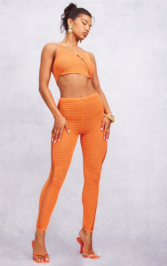Orange Textured Sheer Knit Laddering Leggings Next Day Delivery Before 10 pm