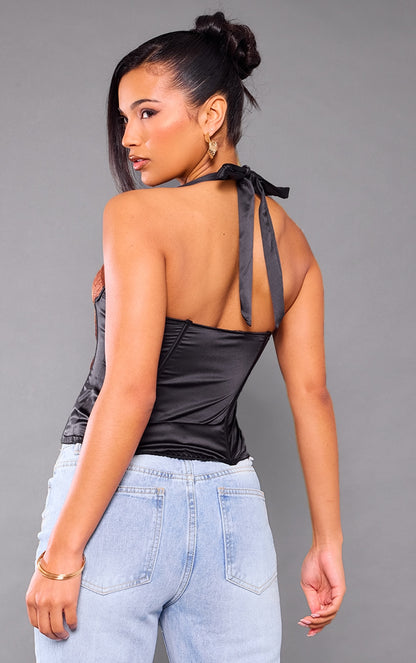 Next Day Delivery Before 10 PM Black Satin Floral Lace Halter Neck Corset