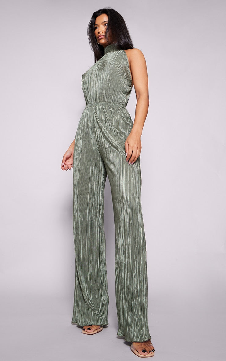 Next Day Delivery Before 10 PM Chic Champagne Plisse High Neck Jumpsuit with Wide-Leg Design