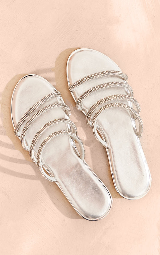 Next Day Delivery Before 10PM Silver Pu Round Toe Diamante Triple Strap Flat Sandals