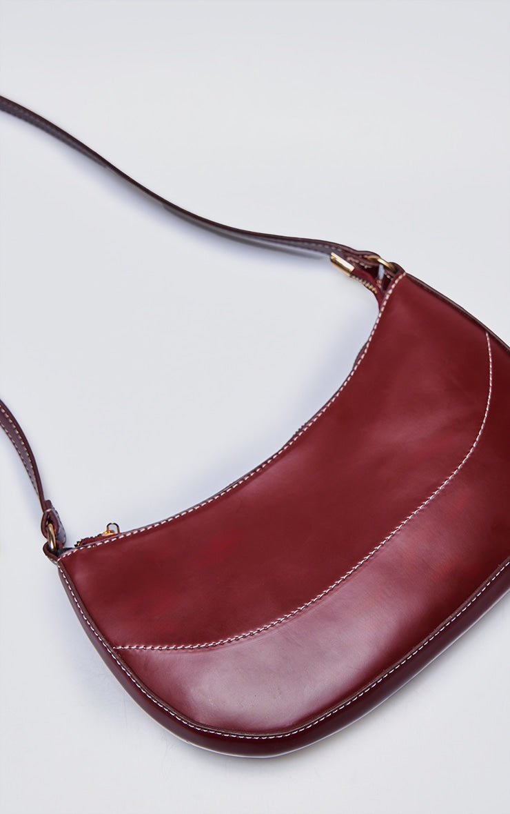 Burgundy PU Contrast Stitch Shoulder Bag