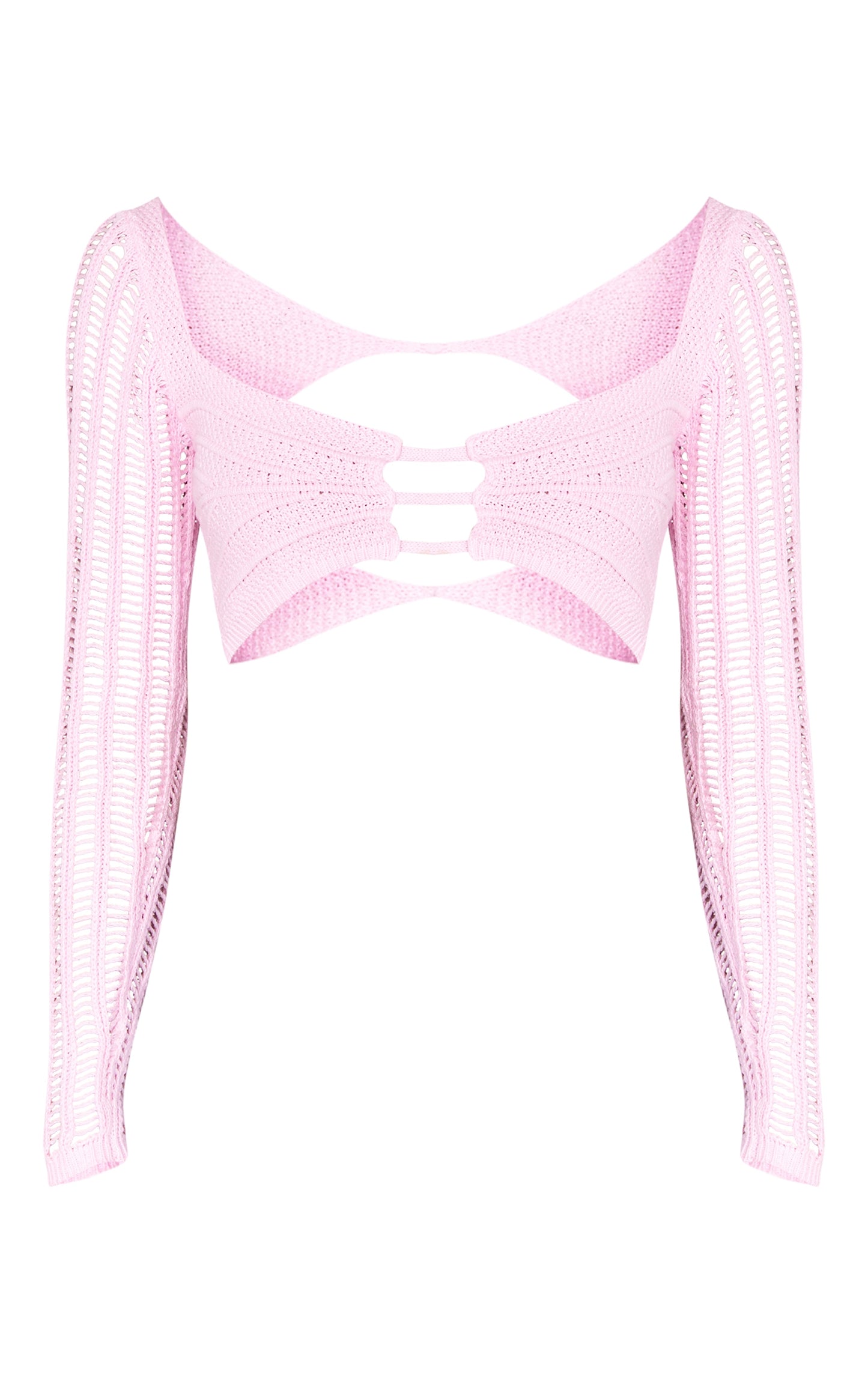 Next Day Delivery Before 10pm Pink Crochet Knit Cut Out Contrast Sleeve Crop Top