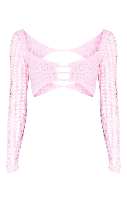 Next Day Delivery Before 10pm Pink Crochet Knit Cut Out Contrast Sleeve Crop Top