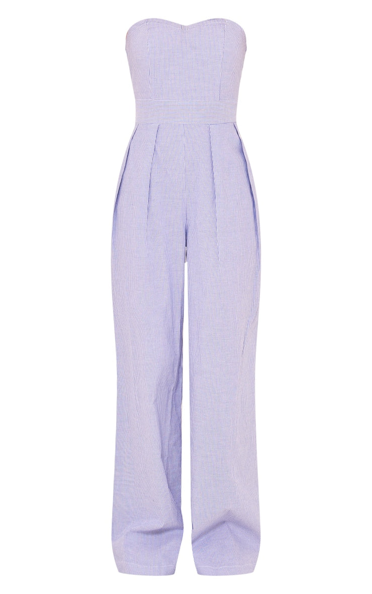 Next Day Delivery Before 10PM Blue Stripe Bandeau Cotton Pleated Detail Wide Leg Jumpsuit