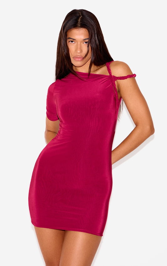 Burgundy Slinky Twist Shoulder Bodycon Dress