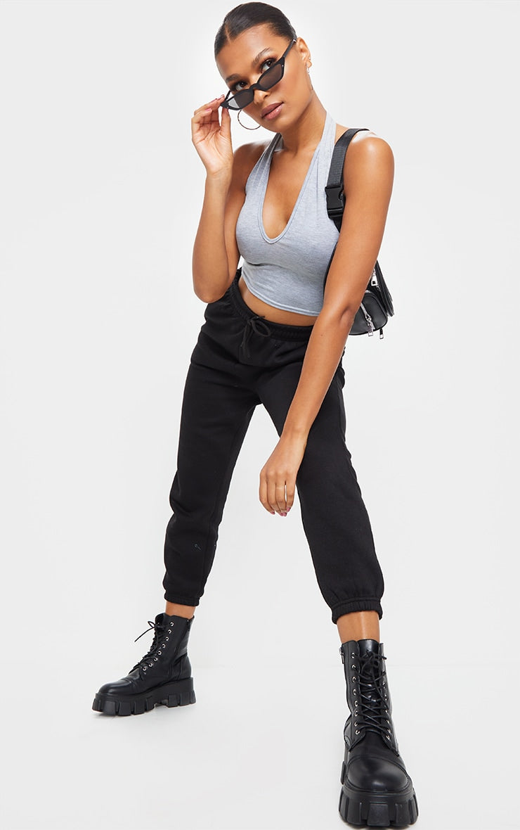 Next Day Delivery Before 10 PM Chic and Simple: Black Basic Cotton Blend Halterneck Crop Top