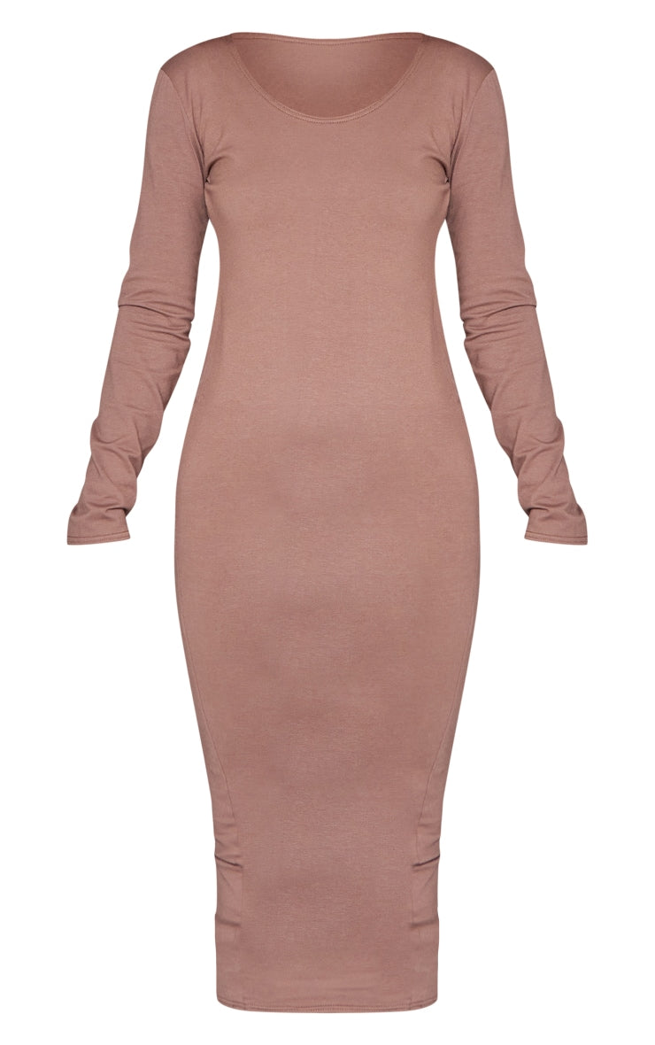 Mocha Cotton Scoop Back Tie Long Sleeve Midaxi Dress Next Day Delivery Before 10 pm