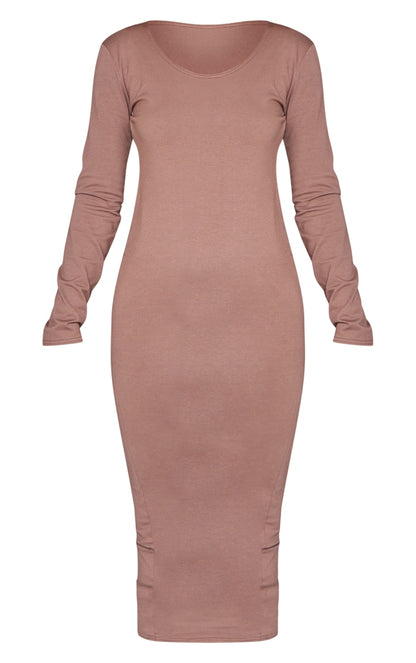 Mocha Cotton Scoop Back Tie Long Sleeve Midaxi Dress Next Day Delivery Before 10 pm