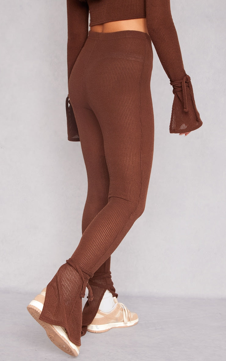 Next Day Delivery Before 10pm Chocolate Sheer Soft Rib Split Hem Tie Detail Leggings