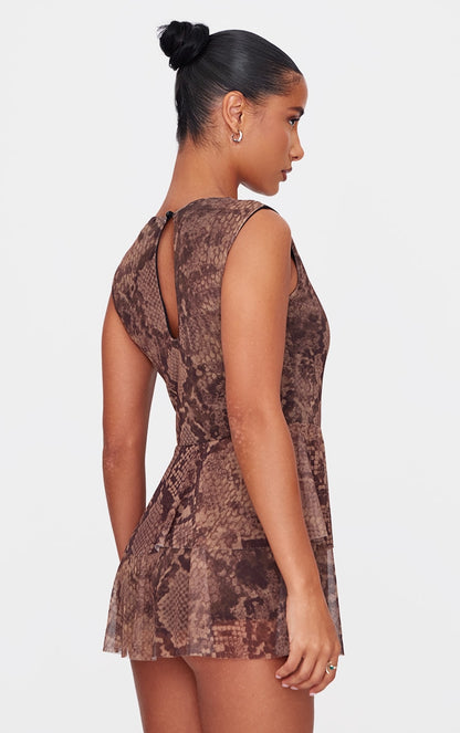 Brown Snake Print Mesh Rara Skort Playsuit Next Day Delivery