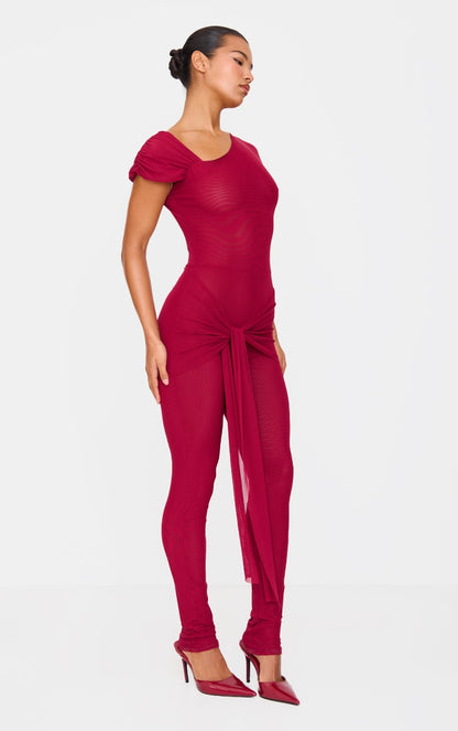 Burgundy Mesh Asymmetric Cap Sleeve Jumpsuit Next Day Delivery 10 PM