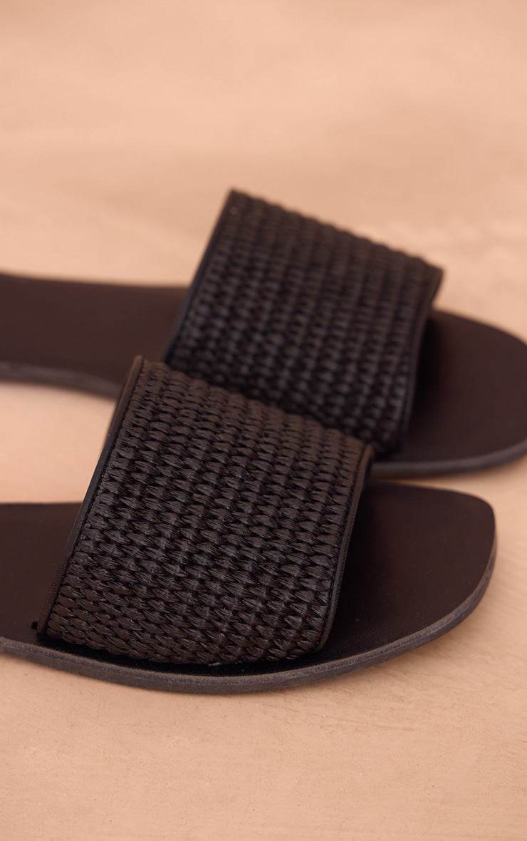 Next Day Delivery Before 10pm Black PU Square Toe Raffia Strap Flat Sandals