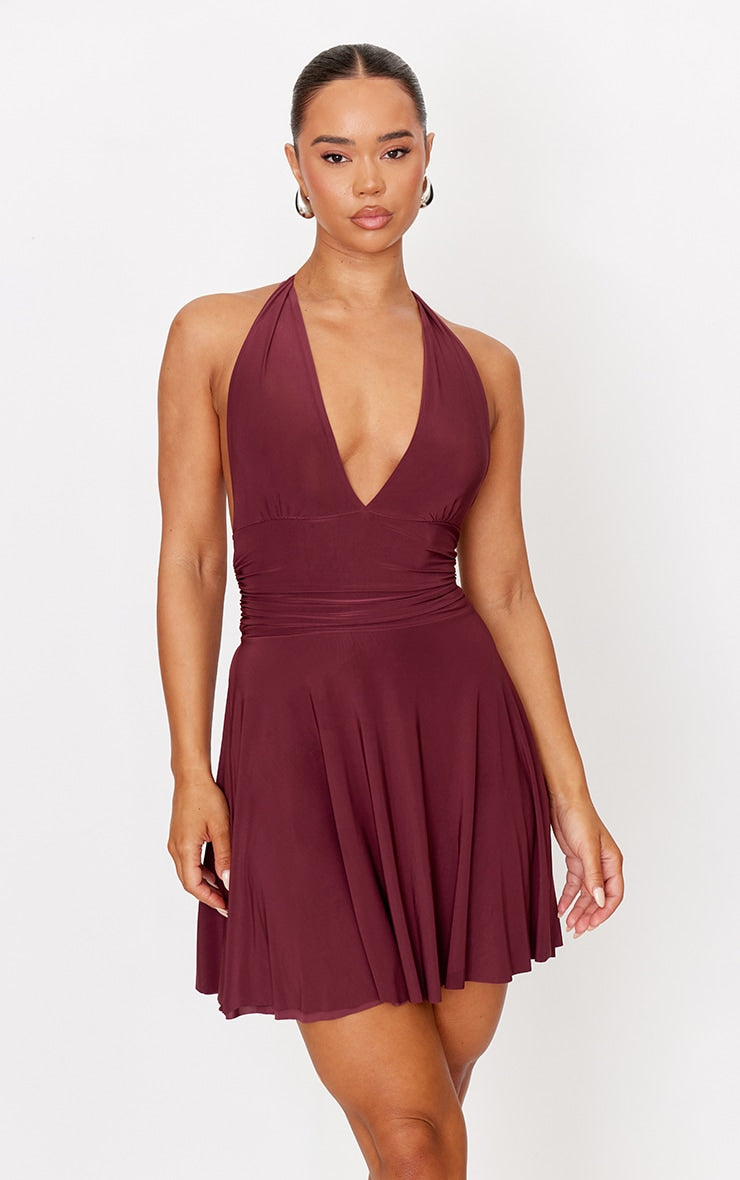 Burgundy Double Layer Slinky Halter Neck Tie Back Shift Dress