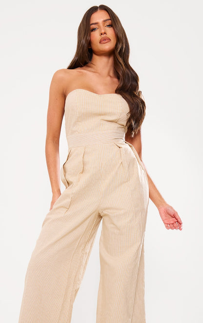 Next Day Delivery Before 10PM Blue Stripe Bandeau Cotton Pleated Detail Wide Leg Jumpsuit