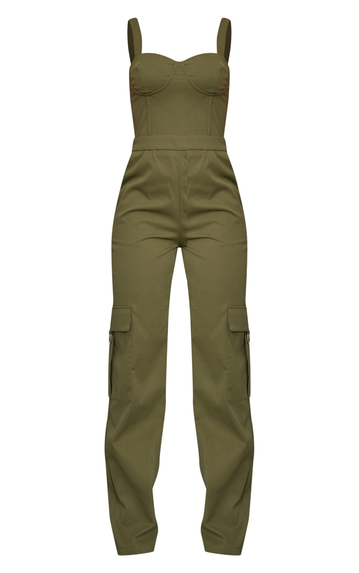 Next Day Delivery Before 10 PM Khaki Goddess: Woven Corset Jumpsuit with Pocket Detail